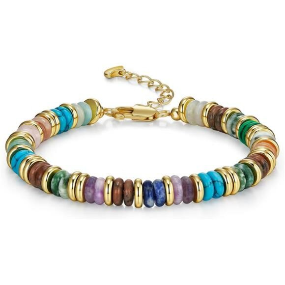 Colorful Beaded Stone Bracelet Set for Women 18K Gold Plated Stackable Jewelry - Picture 1 of 6